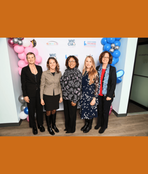 Photograph of Dr. Patty Bennett, Sally Mancini, Susan Stephenson-Martin, Christine Berberich, and Geri Henchy at Rutgers New Jersey Medical School WIC CIAO subgrant kickoff