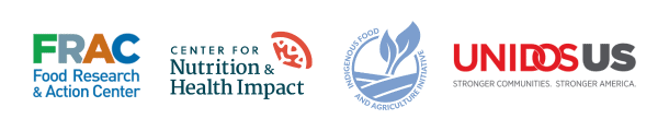 Banner image showing logos for FRAC, Center for Nutrition & Health Impact, Indigenous Food and Agriculture Initiative, and UnidosUS