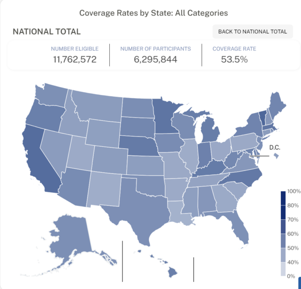 United States map showing state WIC coverage rates for 2022